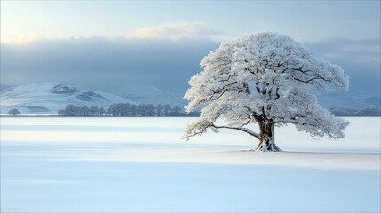 A majestic tree covered in snow stands alone in a vast, snow-covered landscape under a cloudy sky. The scene is bathed in soft, atmospheric light.