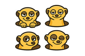 Cute meerkat characters peeking from holes with different expressions in a playful design setting
