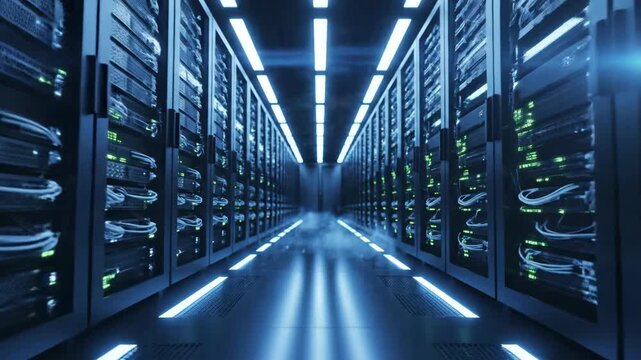 A data center aisle with rows of servers, illuminated by blue lighting, with fog