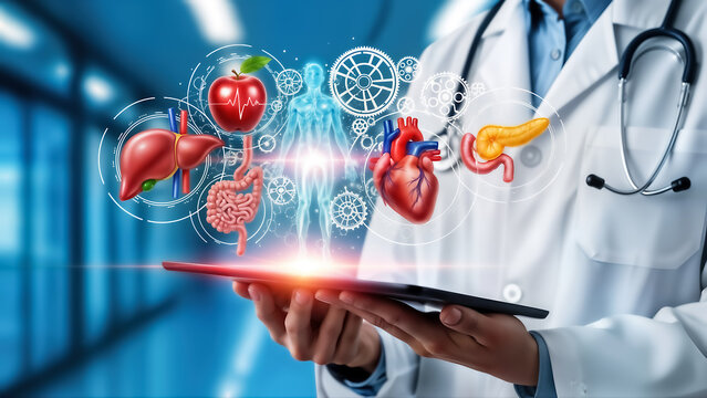 Doctor holding tablet displaying holographic projection of human internal organ system including liver, stomach, heart, and pancreas for medical analysis and digital health concept