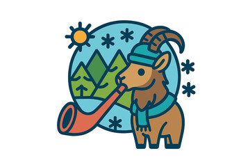 Festive goat playing a horn in a winter scene with trees and snowflakes