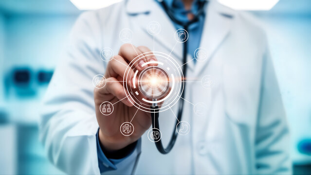 Doctor holding a stethoscope with a glowing digital interface overlay, symbolizing advanced medical technology, healthcare innovation, and patient diagnosis in a modern clinic setting - Powered by Adobe