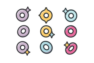Colorful cartoon donuts in various designs arranged in a neat pattern for an eye-catching display