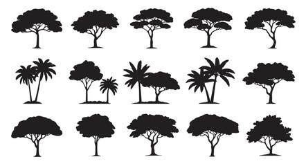 Savannah and tropical tree silhouette set. African acacia, coconut palm, and broad nature vector collection.