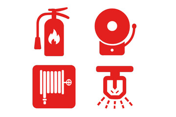 Fire safety symbols including fire extinguisher, alarm bell, sprinkler, and radiator icons showcasing emergency preparedness