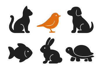 Collection of cute animal silhouettes including cat, dog, bird, fish, rabbit, and turtle on a simple background