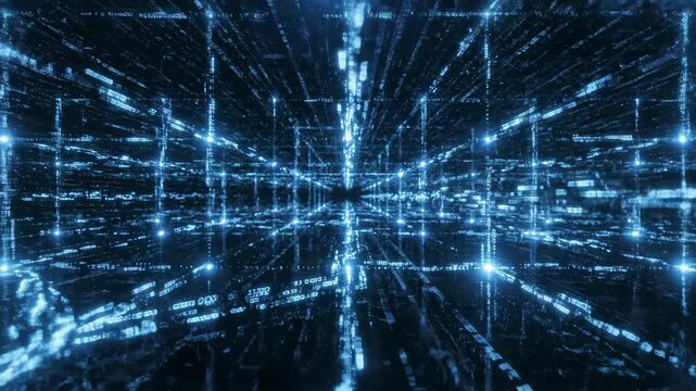 Seamless loop of glowing blue digital data streams forming a high-tech network background internet, energy, complexity