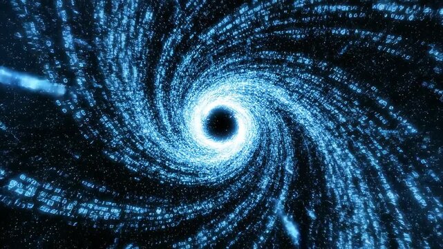 Seamless loop of glowing blue data particles rushing rapidly toward a central point of infinite singularity and vanishing fast, dynamic, corporate
