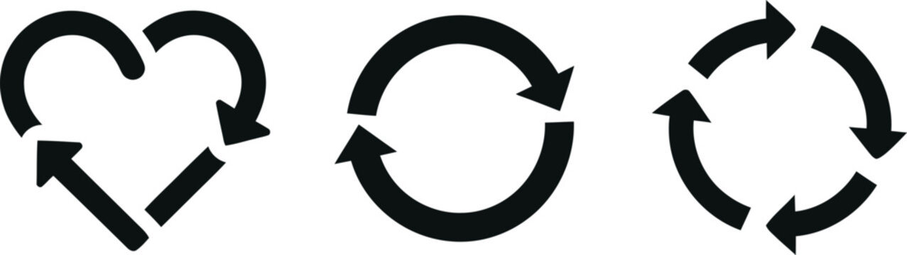 Three circular arrow shapes in heart circle and triangle
