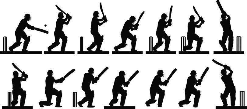 Collection of black silhouette cricket players batting and wicket in various action poses