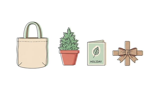 Gift Icons Shopping Bag, Plant, Greeting Card, Ribbon Bow - Minimalist Style