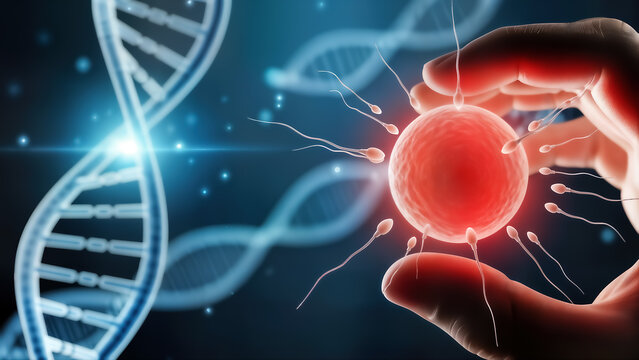 Conceptual illustration of human fertilization process showing sperm approaching an egg cell with a glowing dna double helix structure in the background