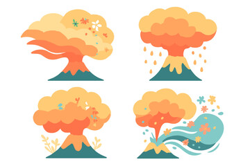 Colorful illustration of a volcano with flowers, showcasing different states of eruption and activity across a serene landscape