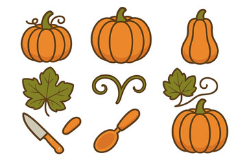 Colorful illustrations of pumpkins and garden tools for autumn harvest activities