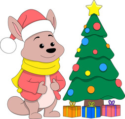 Cute Cartoon Animal Celebrating Christmas Beside Decorated Tree
