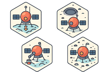 Mars exploration mission illustrations showing various stages of a lander's operation on the Martian surface © icon_art