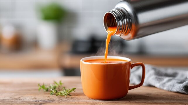 Lunch Breaks Steaming Soup Poured into Orange Mug in Cozy Kitchen - Powered by Adobe