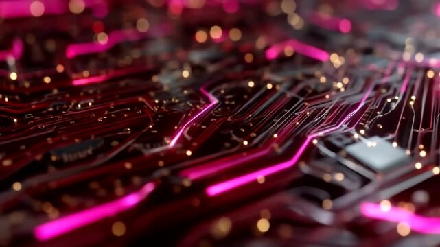 Futuristic neon-lit circuit board with glowing pathways and microelectronic components