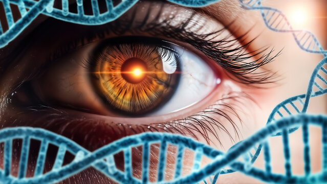 Closeup of a human eye with a glowing orange iris, surrounded by a blue double helix dna structure, symbolizing genetics, science, and biological research