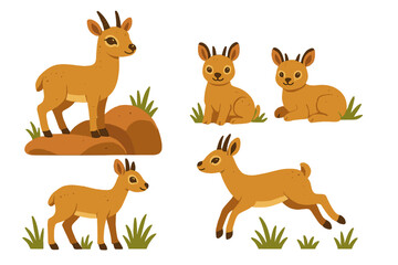 Charming cartoon goats in various playful poses in a grassy setting