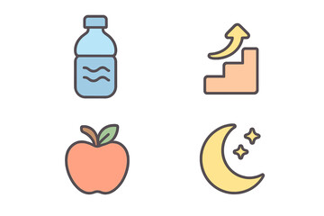 Healthy lifestyle icons featuring water, fitness, fruit, and nighttime elements for wellness inspiration