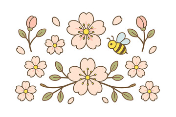 Beautiful floral pattern with flowers and a bee amidst delicate blossoms and greenery