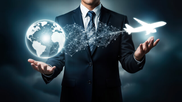 Businessman holding glowing digital globe and airplane emerging from network connection, symbolizing global travel, logistics, and international business technology concept