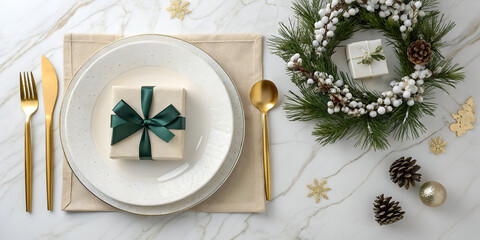 Elegant Christmas place setting with wrapped gift and festive wreath on marble, perfect for holiday celebrations and seasonal promotions