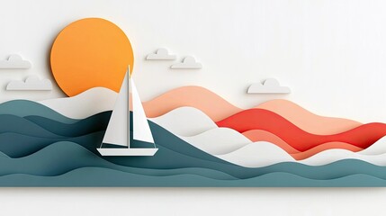A paper art illustration of a sailboat sailing on waves with a sun and clouds against a white background.