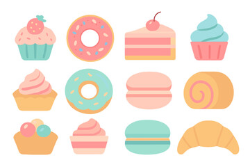 Colorful assortment of dessert items featuring cupcakes, donuts, and pastries on a white background