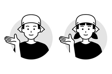 案内する居酒屋の男女の店員のアイコン　セット