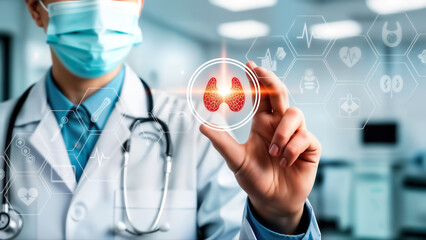 Doctor wearing a face mask and stethoscope interacts with a glowing digital interface displaying a pair of lungs, symbolizing respiratory health and medical technology in a clinical setting