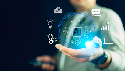 Artificial Intelligence software concept, man using technology smart robot AI tech for business service