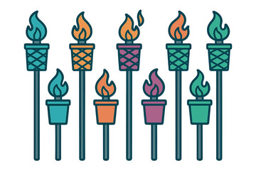 Colorful decorative torches with vibrant flames arranged in a pattern for festive occasions
