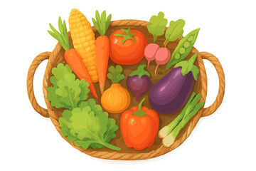 Freshly harvested vegetables displayed in a woven basket on a plain background