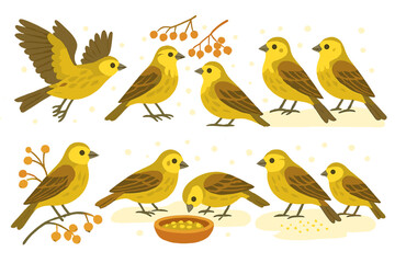 Yellow birds interacting in a playful scene with food and nature elements