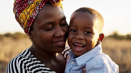 Closeup portrait of a smiling african mother holding her happy young son outdoors in a sunny, dry field wearing traditional headwrap - Powered by Adobe