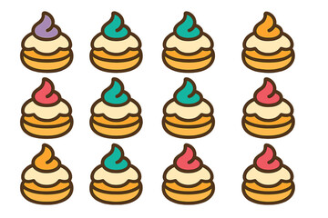Colorful cupcakes with frosting displayed in a creative pattern