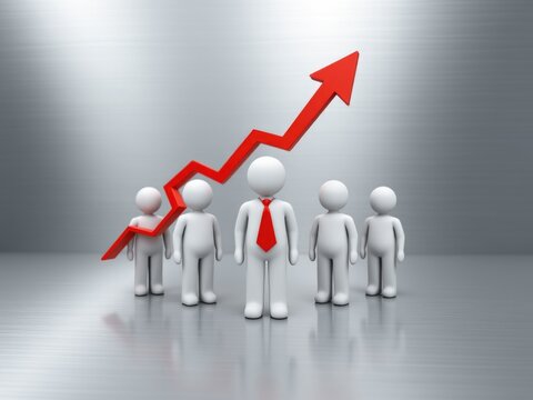 3D humanoid figures with rising red arrow and leader - Powered by Adobe