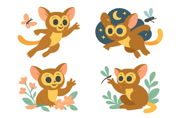 Cute cartoon creatures playing in nature during a moonlit evening with flowers and insects around