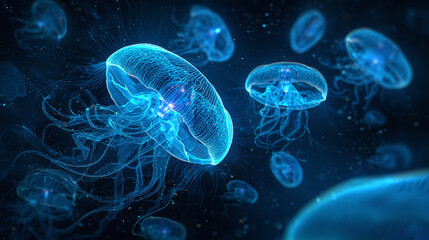 A mesmerizing display of jellyfish illuminated in the deep sea. The ethereal glow of the creatures creates an otherworldly atmosphere. 