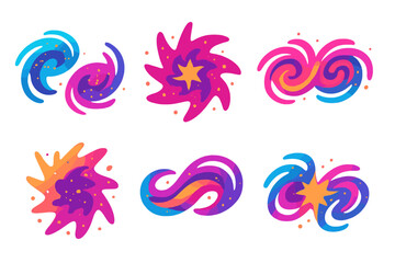 Colorful abstract designs featuring swirling shapes and star elements in vibrant hues