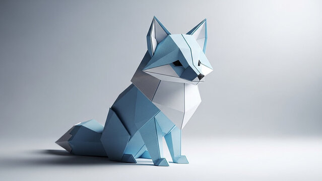 Captivating light blue and white geometric fox rendered in a modern low-poly style, showcasing abstract papercraft artistry with minimalist elegance against a clean backdrop