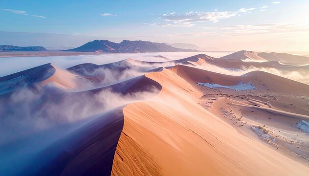 Aerial view of sand dunes with mist and mountains in the background during sunrise. The scene captures the beauty of nature and the desert landscape. - Powered by Adobe