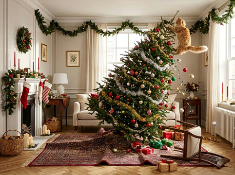 A decorated Christmas tree is about to fall over because a large fluffy cat jumped on it - Powered by Adobe