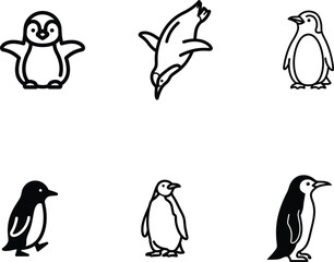 Naklejka premium Collection of penguin icons showcasing different poses and activities in black and white minimalist vector style perfectly suitable for logo design and conservation projects