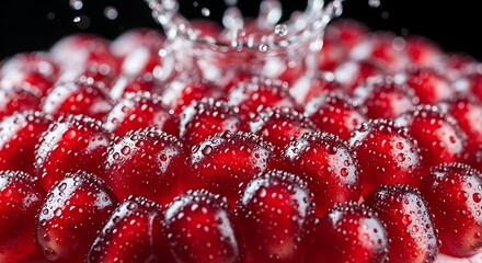 A macro photograph of juicy red pomegranate seeds with a dynamic water splash creating a crown shape.