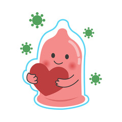 Cute cartoon condom character hugging a red heart surrounded by green virus symbols.