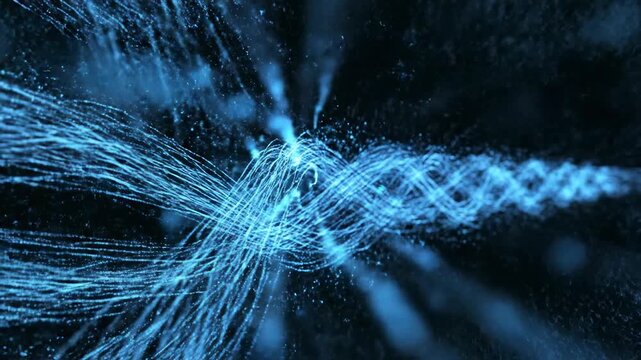 Seamless loop of glowing blue digital threads flowing across a dark background representing data streams and information technology concepts electric, artificial intelligence, motion graphics