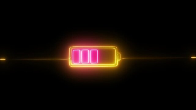 Glowing neon Abstract of the  battery sign charging Animation on the black screen concept on a black background motion graphic.